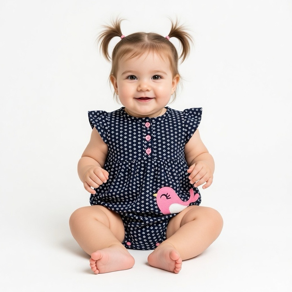 Carters Romper All Floral Background Appliquéd Bird Button Details Cap Sleeve